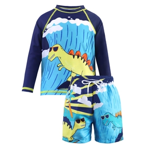 Two-piece boys long sleeve rash guard swimwear set with cartoon surfing dinosaur prints