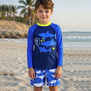 Costumi da Bagno da Bambino a Manica Lunga Con Stampa di Squalo Rash Guard E Pantaloncini da Bagno Asciugatura Rapida Protezione Solare Per Spiaggia Piscina