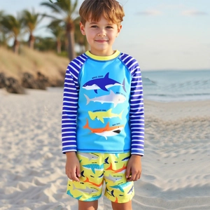 Abbigliamento da Nuoto per Ragazzi Manica Lunga Fantasia Squalo Cartone Animato Protezione Solare Top E Pantaloncini Bambino