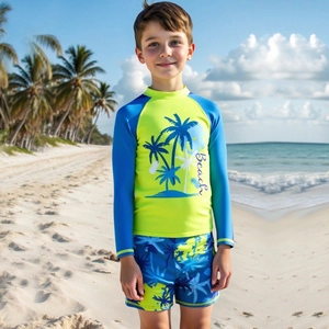 Kids Boys Two-Piece Swimwear Set Long Sleeve Sun Protection Rash Guard With Palm Tree Print Beach Vacation Swimsuit
