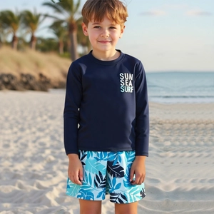 Boys Long Sleeve Rash Guard Swimsuit Set Tropical Leaf Printed Board Shorts Sun Sea Surf Quick Dry Sun Protection Swimwear