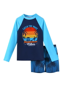 Flat lay of boys' long sleeve two-piece swimwear with blue summer beach prints