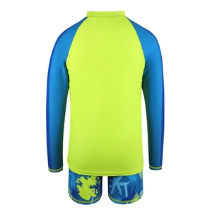 Boys two-piece swimwear set with long sleeve sun protection top and coconut tree print shorts
