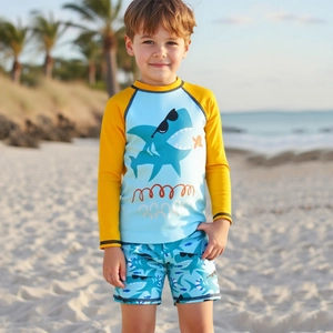 Boys Long Sleeve Rash Guard Swimsuit Cartoon Shark Print Rashguard And Shorts Swimwear For Kids Beach Vacation