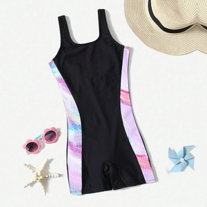 Girls one-piece swimsuit with black base and pink abstract side patterns on white background