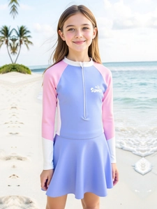 Detail of girls' long sleeve sun protection swimsuit with pleated skirt and zip collar