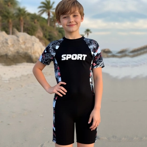 Jungen Einteiler Badeanzug Kurzarm Schnelltrocknend Sportlich Buchstabe Ozean Tier Muster Kinder Strandbekleidung Bademode