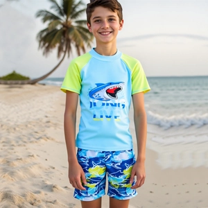 Maillot de Bain Garçon Imprimé Requin Dessin Animé Rash Guard Manches Courtes Et Short de Bain Séchage Rapide Haute Élasticité