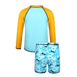 Kids long sleeve rash guard and shark print shorts two-piece swimsuit set in blue and yellow