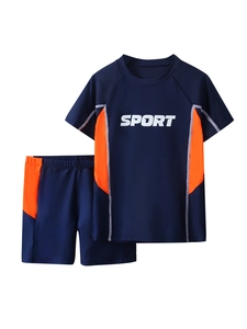 Detail view of boys' two-piece sport swimwear with navy and orange color blocking
