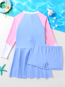 Detailed flat lay of long-sleeved girls' two-piece swimwear with starfish accessories