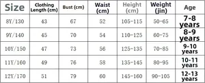 Detailed size chart for girls' pink two-piece swimwear ranging from size 8Y to 12Y