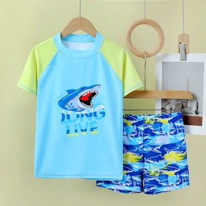 Maillot de bain deux pièces pour garçon avec imprimé requin et manches raglan séchage rapide