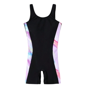 Girls one-piece swimsuits with black base and colorful abstract prints on both sides