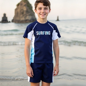Boys Short Sleeve Swimsuit Rash Guard And Swim Trunks Color Block Surfing Print Quick Dry Sport Bathing Suit For Kids