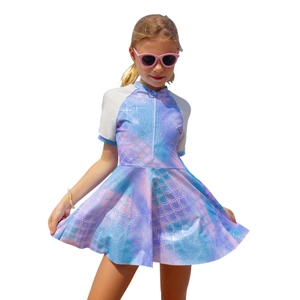 Mädchen Badeanzug mit lila Fischschuppenmuster und glitzerndem Rock im Meerjungfrau-Stil