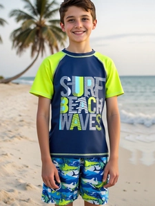 Boy's two-piece rash guard and printed swim trunks set with surf beach waves graphic