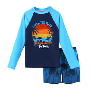 Kids long sleeve two-piece swimwear set with palm tree print and sun rash guard