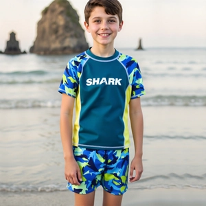 Ragazzi Squalo Mimetico Stampa Manica Corta Rash Guard Maglia da Nuoto E Pantaloncini Per Estate Spiaggia Piscina Bambini Vacanza