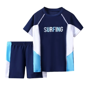 Two-piece boys' navy blue short-sleeve surfing swimwear set with letter prints