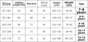 Detailed size chart for girls long sleeve swimsuit dress covering ages 7 to 13 years old