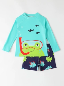 Costume da bagno due pezzi da bambino con stampa rana verde e tessuto blu con protezione solare