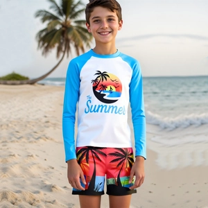 Boys Split Swimwear Set Long Sleeve Sun Protection Rash Guard With Tropical Coconut Tree Print Quick Dry Beach Swimsuit