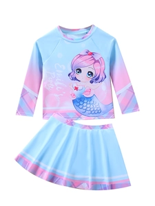 Detailed flat lay of girls' long sleeve mermaid swimsuit with gradient colors