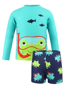 Costume da bagno bimbo due pezzi a maniche lunghe con simpatica stampa a rana azzurra