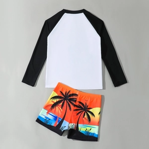 Two-piece boys long sleeve swimwear set with tropical coconut tree print and rash guard