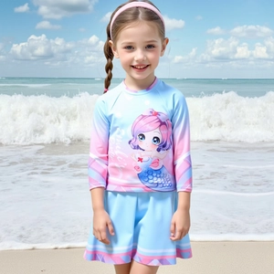 Mermaid Print Long Sleeve Swimwear For Girls Blue Pink Gradient Sun Protection Quick Dry Swim Top And Skirt Swimming Suit