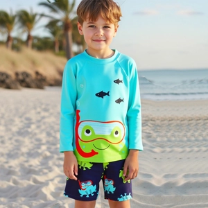 Set Costume da Bagno a Maniche Lunghe Rana Cartoon per Ragazzi Due Pezzi Rash Guard Protezione Solare Asciugatura Rapida