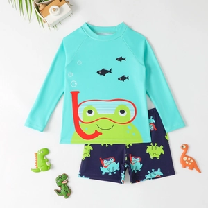 Costume da bagno bimbo due pezzi a maniche lunghe con simpatiche rane blu stampate