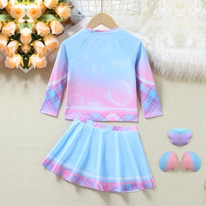 Two-piece girls long sleeve swimsuit with gradient print and plaid skirt detail