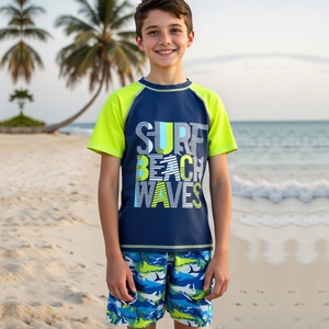 Boys Swimwear Top And Trunks Raglan Sleeve Rash Guard Shark Print Beach Pool Sport Kids Contrast Quick Dry Clothing