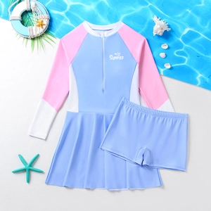 Girls long sleeve three-color sun protection swimsuit set with SUMMER print and shorts