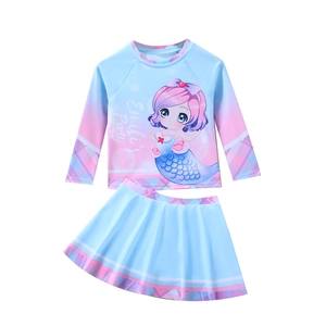 Two-piece long sleeve mermaid swimsuit for girls with blue and pink gradient pattern