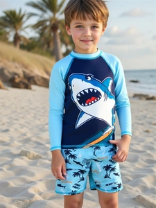 Detail der Jungen Hai-Druck Langarm-Schwimmbekleidung mit Palmenmuster Badehose