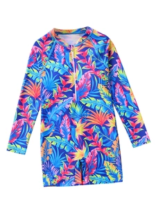 Detail of girls long sleeve sun protection swimsuit with tropical jungle floral print