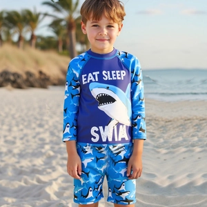 Boys Cartoon Shark Long Sleeve Swimsuit Top And Swim Trunks And Swimming Cap Quick Dry Sun Protection Rash Guard Beachwear