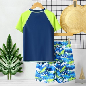 Two-piece boys' quick-dry swimwear with short-sleeve shirt and shark print shorts