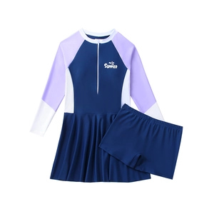 Two-piece girls long-sleeve swimsuit with skirt and SUMMER lettering in blue and purple