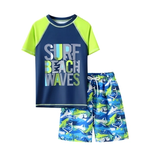 Two-piece boys quick-dry swimwear with shark print shorts and surf beach top