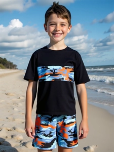 Detail of boys' camo swimwear showing quick-dry fabric and short sleeve beachwear set