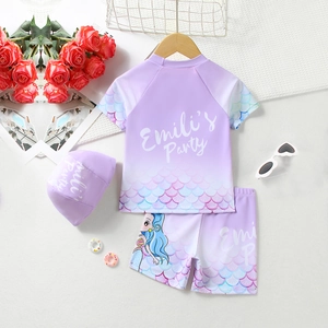 Costume da bagno tre pezzi da bambina a sirena con maniche corte e sfumatura viola