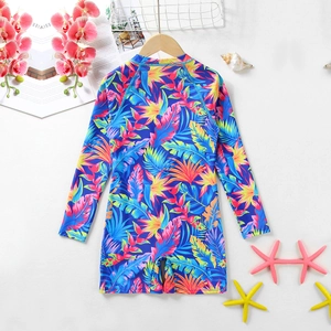 Long sleeve one-piece girls swimwear with tropical leaf print and sun protection