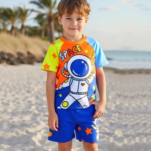 Bañador para Niños Rash Guard Manga Corta Pantalón Y Gorro Estampado Astronauta Espacial Secado Rápido Protección Solar Niños