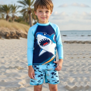 Jungen Rash Guard Top Und Schwimmshorts Polyester Elasthan Cartoon Hai Druck Schnelltrocknend Sonnenschutz Bademode Für Strandurlaub Kinder Schwimmen