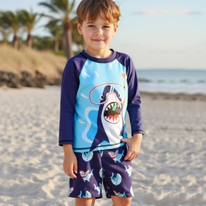 Maillot de Bain Garçon Imprimé Requin Dessin Animé Haut Rash Guard Manches Longues et Short Séchage Rapide Solaire