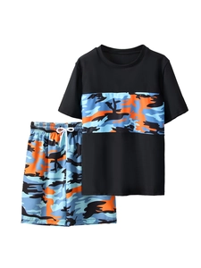 Detail of boys' two-piece swimwear set featuring camo patterns and quick-dry fabric